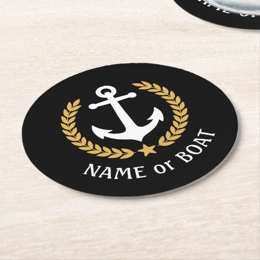 Ihr Bootname Anchor Gold Laurel Star Black Runder Pappuntersetzer (Angewinkelt)