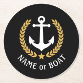 Ihr Bootname Anchor Gold Laurel Star Black Runder Pappuntersetzer (Vorderseite)