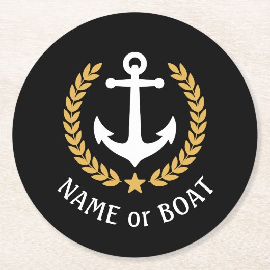 Ihr Bootname Anchor Gold Laurel Star Black Runder Pappuntersetzer (Vorderseite)
