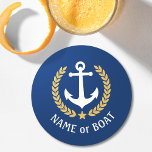 Ihr Bootname Anchor Gold Laurel Star Blue Runder Pappuntersetzer<br><div class="desc">Ein nautisches Thema,  personalisiertes Set von runden Untersetzer mit Ihrem Bootsnamen,  Familiennamen oder beliebigem Text. Mit einem Vintagen Bootanker nach Maß,  goldenen Blätter und Sternenemblem auf Marineblau oder passen die Primärfarbe einfach an Ihr aktuelles Thema an.</div>