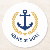 Ihr Bootname Anchor Gold Laurel Star White Runder Pappuntersetzer (Vorderseite)