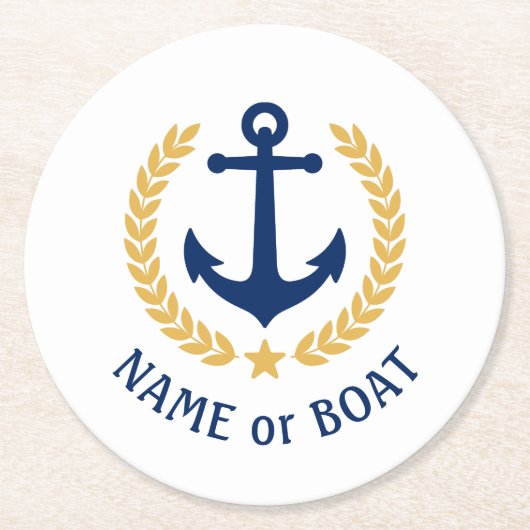 Ihr Bootname Anchor Gold Laurel Star White Runder Pappuntersetzer (Vorderseite)