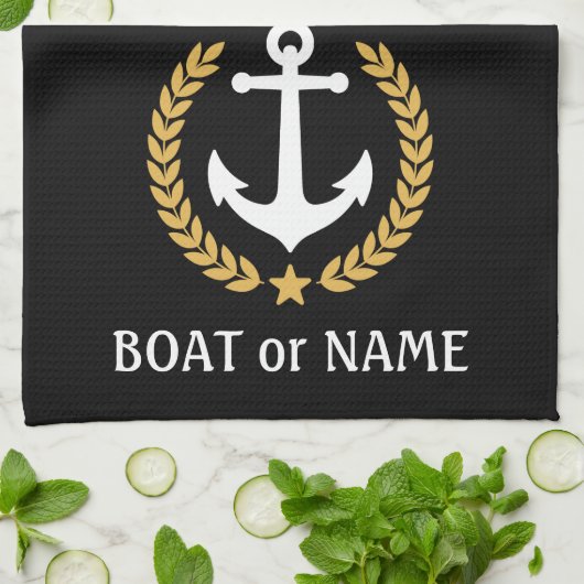 Ihr Bootname Anchor Gold Style Laurel Black Geschirrtuch (Gefaltet)