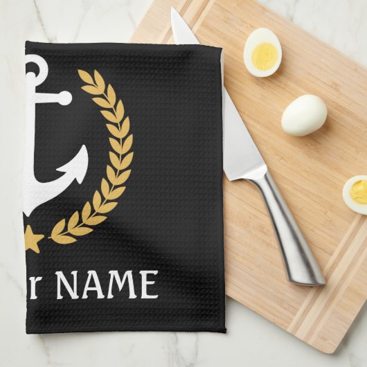 Ihr Bootname Anchor Gold Style Laurel Black Geschirrtuch (Viertel Falte)