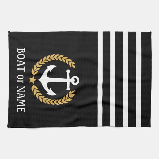 Ihr Bootname Anchor Gold Style Laurel Black Geschirrtuch (Horizontal)