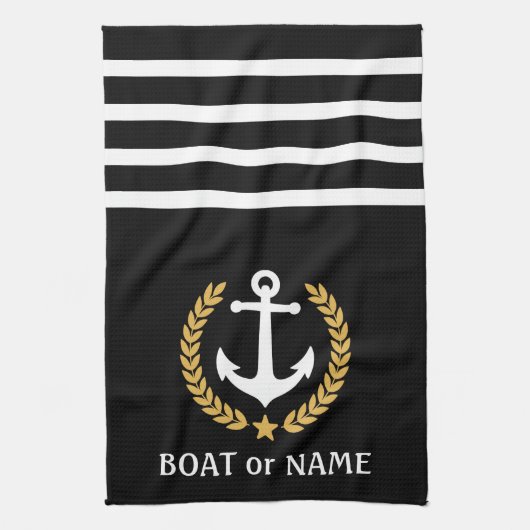 Ihr Bootname Anchor Gold Style Laurel Black Geschirrtuch (Vertikal)