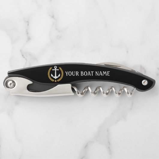 Ihr Bootname Anchor Gold Style Laurel Black Kellnermesser (Vorderseite)