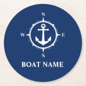 Ihr Bootname Compass Anchor Blue Round Runder Pappuntersetzer (Vorderseite)