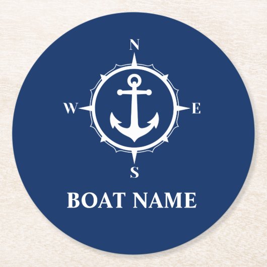 Ihr Bootname Compass Anchor Blue Round Runder Pappuntersetzer (Vorderseite)