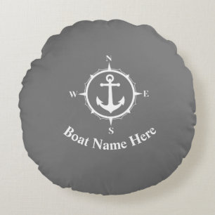 Ihr Bootname mit Compass Anker auf Grau Rundes Kissen
