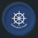 Ihr Bootname oder Ihr Text Ships Wheel Helm Pappteller<br><div class="desc">Ihr Personalisierter Bootname oder -text mit einem Rad-Helm für Nautical Ships auf benutzerdefinierten Paper Party Event Tellern.</div>