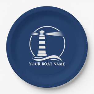 Ihr Bootname oder Text Lighthouse Navy Blue Pappteller