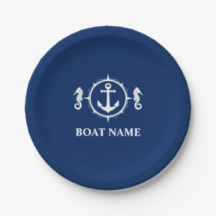 Ihr Bootname Seepferd Anchor Navy Blue 9" Pappteller