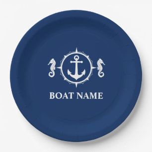Ihr Bootname Seepferd Anchor Navy Blue 9" Pappteller