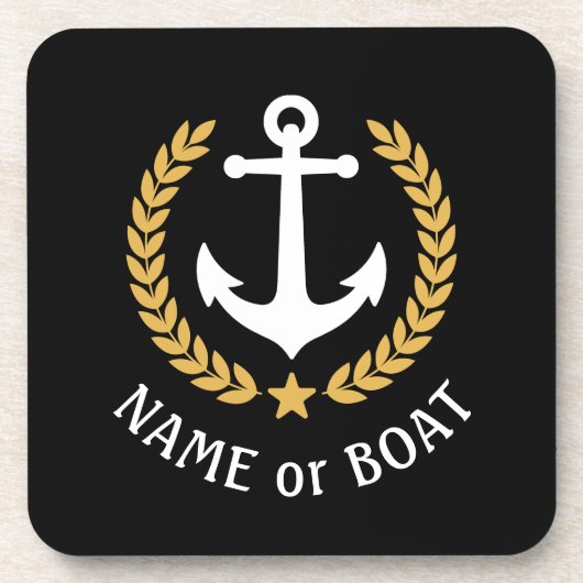 Ihr Bootsname Anchor Elegante Gold Laurel Black Getränkeuntersetzer (Vorderseite)