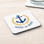 Ihr Bootsname Anchor Elegante Gold Laurel White Getränkeuntersetzer<br><div class="desc">Ein elegantes Set mit nautischen Themen Cork Back Getränkekopfer mit Ihrem personalisierten Bootsnamen,  Familiennamen oder anderen gewünschten Text. Ein speziell entworfener Bootanker mit goldfarbenen Lorbeertönen und einem weißen Stern oder passen die Basisfarbe leicht an Ihre aktuelle Dekoration oder Ihr aktuelles Thema an.</div>