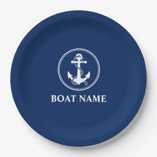 Ihr Bootsname Anchor mit Roope Navy Blue 9" Pappteller (Vorderseite)