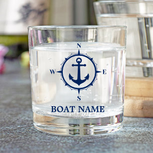 Ihr Bootsname Anchor Nautical Compass Navy Blue Whiskyglas
