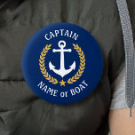 Ihr Bootsname Kapitän Anchor Gold Laurel Navy Button<br><div class="desc">Ein Personalisierter Button mit Ihrem Bootsnamen, Familiennamen oder anderen gewünschten Text und Captain Titel oder anderen Rang, falls erforderlich. Mit einem speziell entwickelten nautischen Bootsanker, goldenen Blätter und Sternemblem auf Marineblau oder passen die Primärfarbe einfach an Ihr aktuelles Thema an. Ein tolles Geschenk für Väter Tag, Mütter Tag, Geburtstag oder...</div>