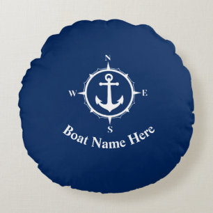 Ihr Bootsname mit Compass Anchor Navy Blue Rundes Kissen