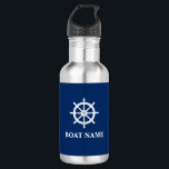 Ihr Bootsname mit Schiff Wheel Helm Edelstahlflasche<br><div class="desc">Ihr Personalisierter Name,  Bootname oder Text mit einem Nautical Ships Wheel Helm auf einer Navy Blue Water Flasche.</div>