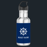 Ihr Bootsname mit Schiff Wheel Helm Edelstahlflasche<br><div class="desc">Ihr Personalisierter Name,  Bootname oder Text mit einem Nautical Ships Wheel Helm auf einer Navy Blue Water Flasche.</div>