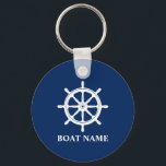 Ihr Bootsname mit Schiffsradlenker Schlüsselanhänger<br><div class="desc">Nautical Your Boat Name mit einem Schiffrad-Helm auf einem blauen Schlüsselanhänger.</div>