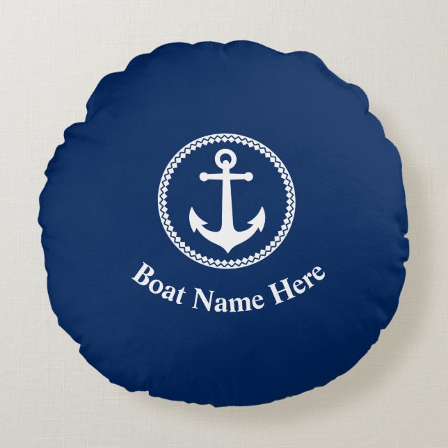Ihr Bootsname mit Sea Anchor Navy Blue Rundes Kissen (Vorderseite)