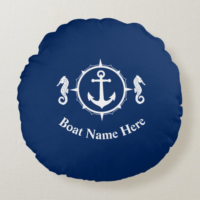 Ihr Bootsname mit Seepferd Anchor Navy Blue Rundes Kissen (Vorderseite)