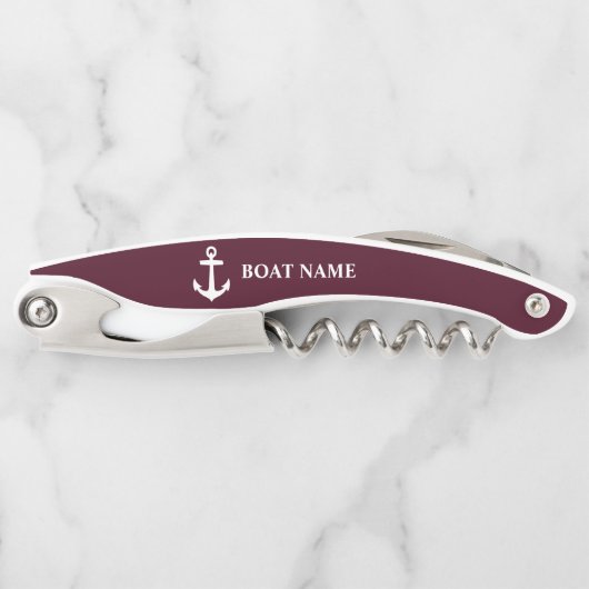Ihr Bootsname Nautical Anchor Burgund und White Kellnermesser (Vorderseite)