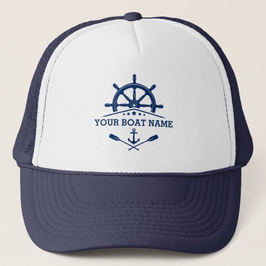 Ihr Bootsname Nautical Anchor Oars Helm Navy Blue Truckerkappe (Vorderseite)