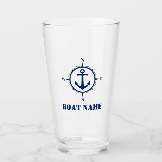 Ihr Bootsname Navy Blue Compass Anker Glas (Vorderseite)