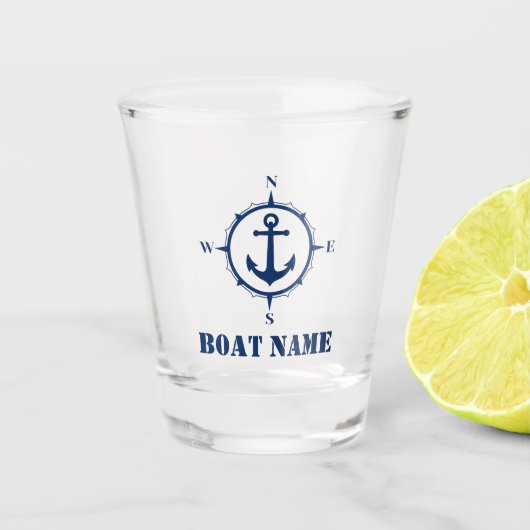 Ihr Bootsname Navy Blue Compass Anker Schnapsglas (Vorderseite)