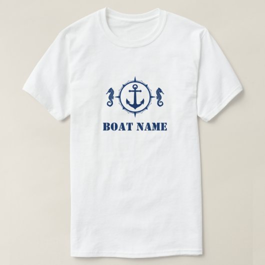 Ihr Bootsname Navy Blue Seepferd Anker T-Shirt (Design vorne)