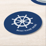 Ihr Bootsname oder Text Ships Wheel Helm Blue Runder Pappuntersetzer<br><div class="desc">Ihr Personalisierter Name oder Text mit einem Rad-Helm für Nautical Ships auf individuell anpassbaren Navy Blue Round Paper Untersetzer.</div>