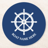 Ihr Bootsname oder Text Ships Wheel Helm Blue Runder Pappuntersetzer (Vorderseite)