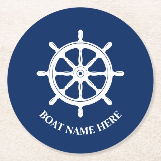 Ihr Bootsname oder Text Ships Wheel Helm Blue Runder Pappuntersetzer (Vorderseite)