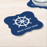 Ihr Bootsname oder Text Ships Wheel Helm Blue Untersetzer<br><div class="desc">Ihr Personalisierter Name oder Text mit einem Rad-Helm für Nautical Ships auf individuell anpassbaren Navy Blue Round Paper Untersetzer.</div>