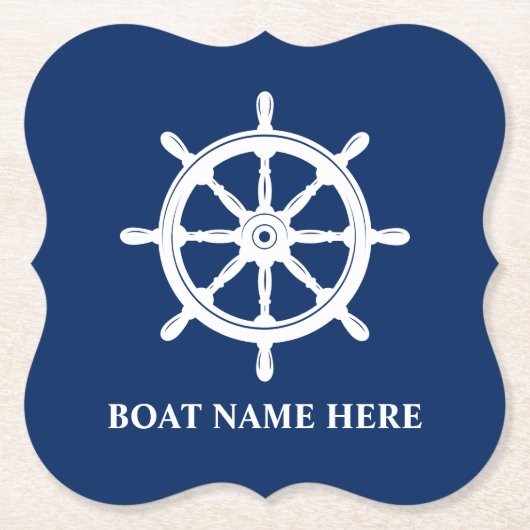 Ihr Bootsname oder Text Ships Wheel Helm Blue Untersetzer (Vorderseite)