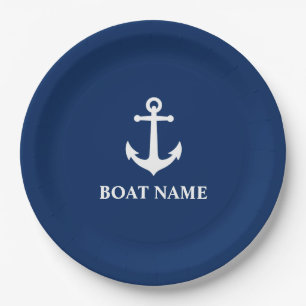 Ihr Bootsname Vintage Nautical-Anker Marineblau Pappteller