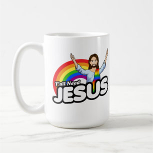 Ihr braucht Jesus - Regenbogen-Jesus Kaffeetasse