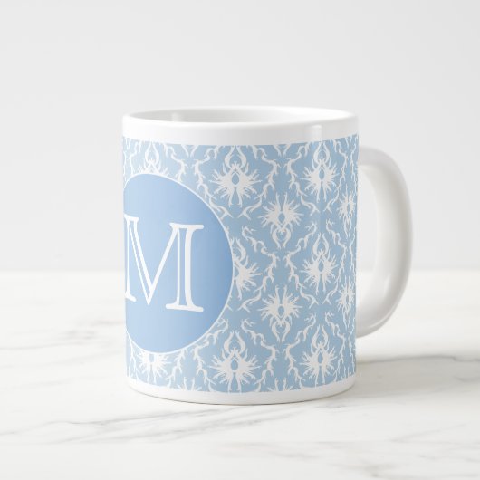 Ihr Brief, Monogramm. Blauer Damast Muster. Jumbo-Tasse (Vorderseite Rechts)