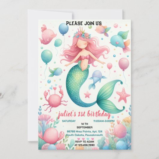 Ihr cooler Meerjungfisch Meerjungfrau Ozean 1. Geb Einladung (Vorderseite)