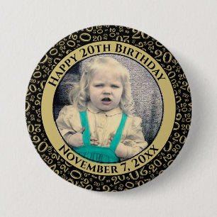 Ihr Foto 20. Geburtstagszahl Schwarz/Gold-Muster Button