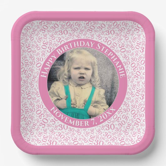 Ihr Foto 30 Random Zahlenmuster Pink/Weiß Pappteller (Vorderseite)