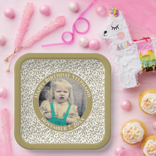 Ihr Foto 70 Random Number Pattern Gold/Weiß Pappteller (Party)