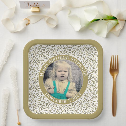 Ihr Foto 70 Random Number Pattern Gold/Weiß Pappteller (Hochzeit)