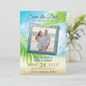Ihr Foto Beach Hochzeit tropischen Palmen Blätter Save The Date (Stehend Vorderseite)