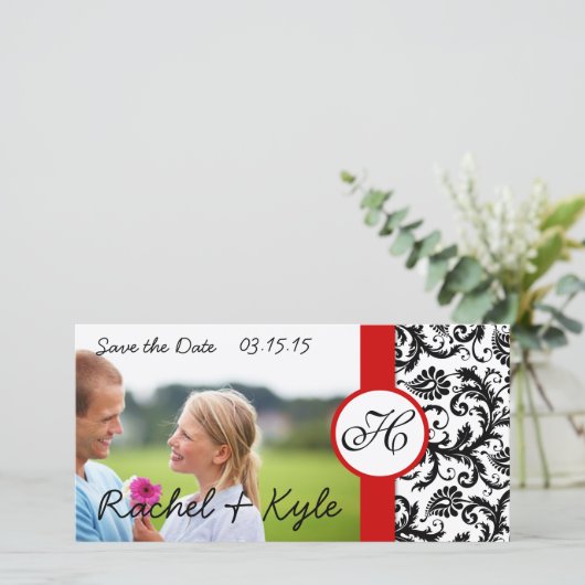 Ihr Foto Black Damask Red Trial Save the Date (Stehend Vorderseite)