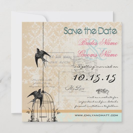 Ihr Foto Damask Bird Cage Wedding Save the Date (Vorderseite)